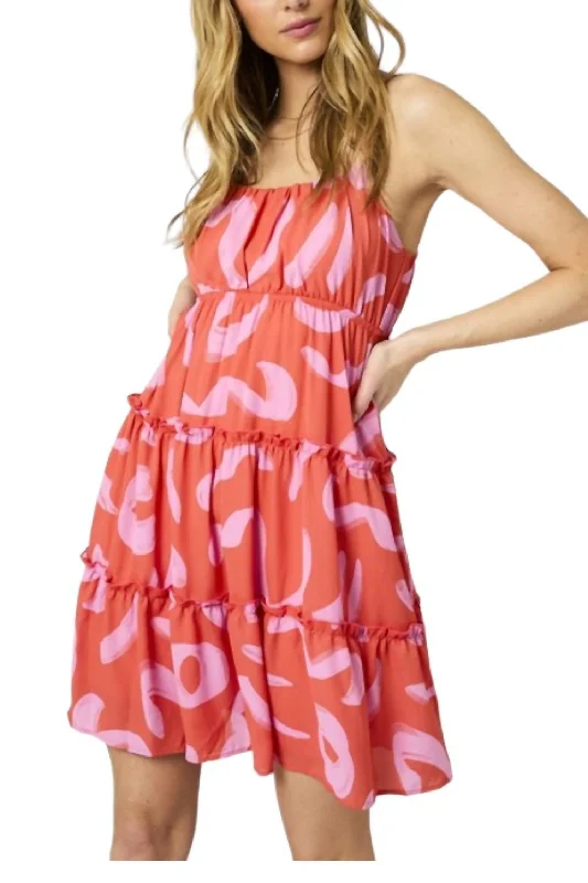 Vintage-Modern Style Offers Modern Romance S/l Tiered Abstract Mini Dress In Coral/pink