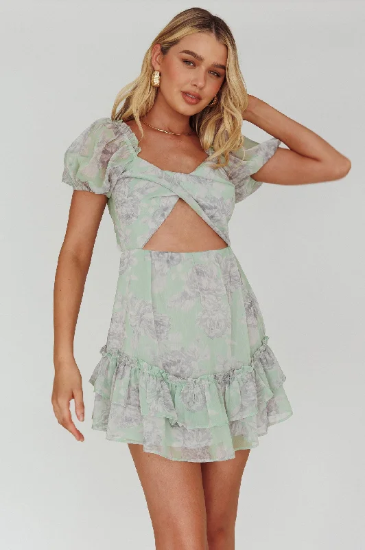 Seasonal Sale Coastal Beach - Inspired Style Sweet Nothings Puff Sleeve Twist Dress Floral Apple