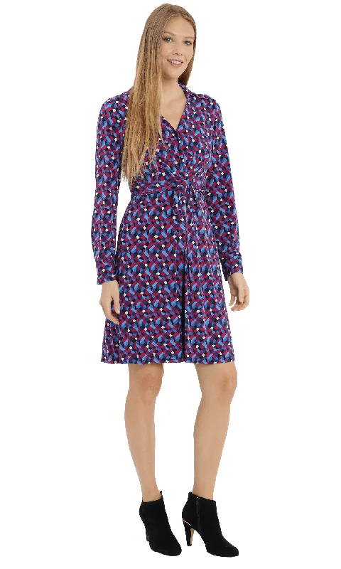 Luxury Casual Deals Dreamy Draping London Times T5907M - Geometric Print Collared Long Sleeved Short Dress