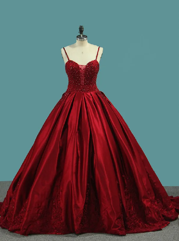 Fashion Forward, Function First Elegant Details Quinceanera Red Ball Gown Spaghetti Straps Backless Prom Dress With Rhinestone