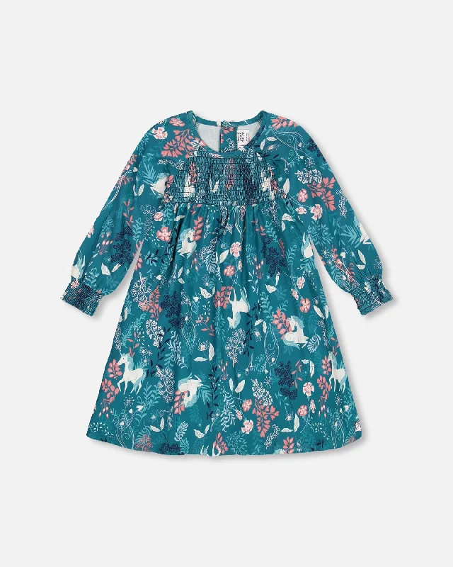 Sustainable Fashion Extravaganza Save On Classic Elegant Styles Puffy Long Sleeve Viscose Dress Turquoise Printed Fairy Unicorn