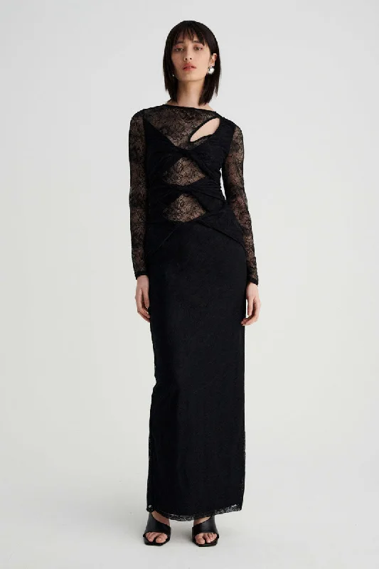 Style Breakthroughs Chic Urban Fashion Look Gemini Long Sleeve Twist Front Lace Maxi & Maxi Skirt Slip