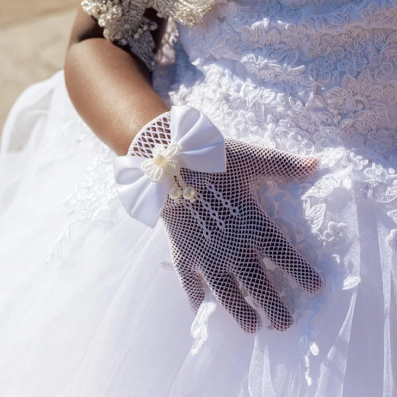 Huge Price Cut Bold Silhouette White Netted Gloves with Satin Bow