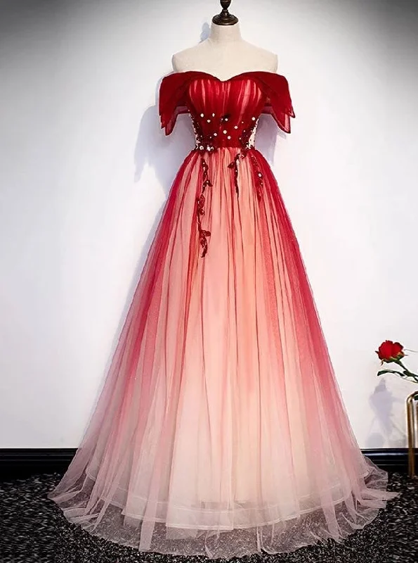 Discover Promotions Contemporary Chic Princess Off-Shoulder Tulle Red Long Prom Dresses Lace Up Party Gown M961