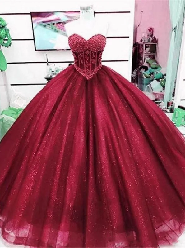 Summer Deals Feminine Grace Tulle Burgundy Sparkle Sweetheart Prom Dress Ball Gown with Beaded Quinceanera Dress PO253