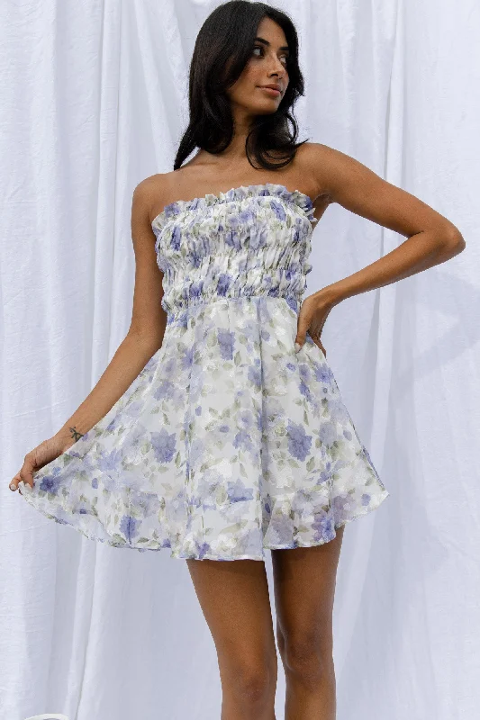 Seasonal Style Discounts Chic Sophistication 5 O'Clock Somewhere Shirred Bust Mini Dress Floral Blue