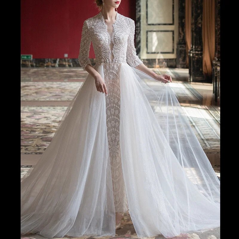 Contemporary Chic Promotions Boho - Chic Festival - Ready Style Three Quarter Sleeve Mermaid Lace Wedding Dress with Detachable Train