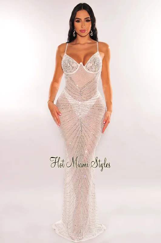 Luxe Style Discounts Feminine Flow White Mesh Rhinestone Underwire Mermaid Gown