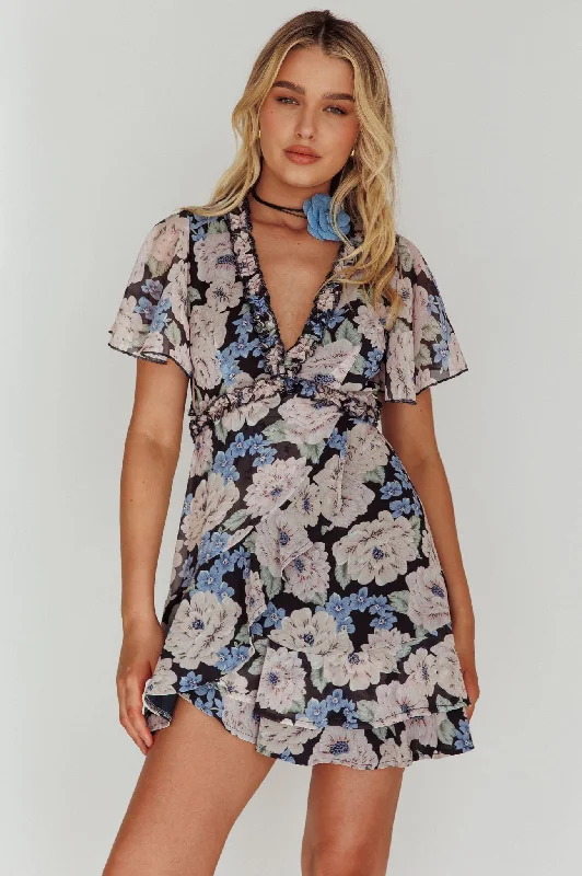 Vibrant Style Promotions Feminine Allure Laney Angel Sleeve Ruffle Dress Floral Blue