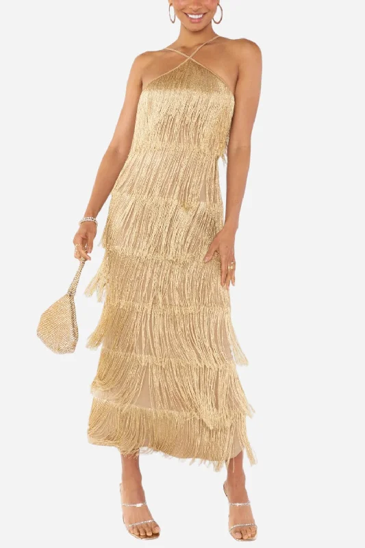 Save Big Art Deco Geometric Pattern Look Show Me Your Mumu Gatsby Fringe Maxi Dress in Gold Rush