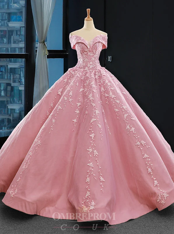 Trend Leading Collection Feminine Charm Princess Pink Ball Gown Off-the-Shoulder Appliques Prom Dress OP793