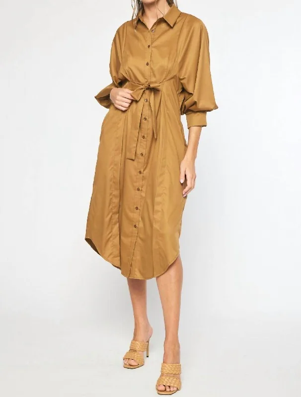 Special Offer Luxe Layering Button Up Tie Midi Dress In Camel