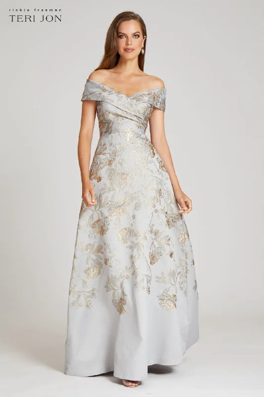 Vibrant Style Promotions Classic Charm Off The Shoulder Metallic Jacquard A-Line Gown