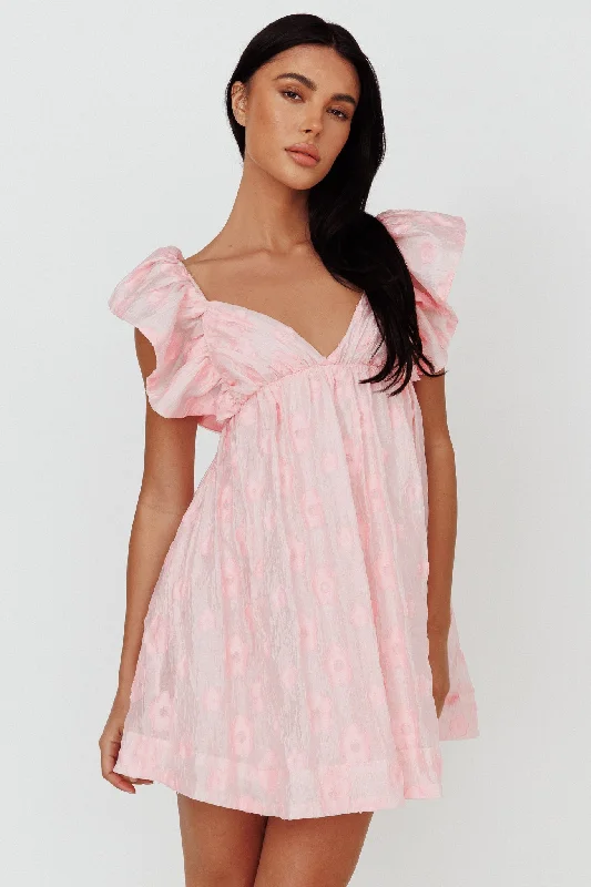 New Arrivals Parisian Effortless Chic Style Melrose Place Floral Textured Frill Dress Pink