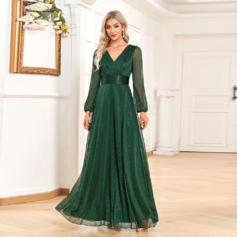 Gift Ideas Polished Finish Jacqueline Elegant Green V Neck Long Sleeves Gown