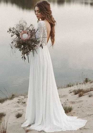 Relaxed Style Boho - Chic Festival - Ready Style Simple Long Sleeves A-line Wedding Dress with Lace And V-neck