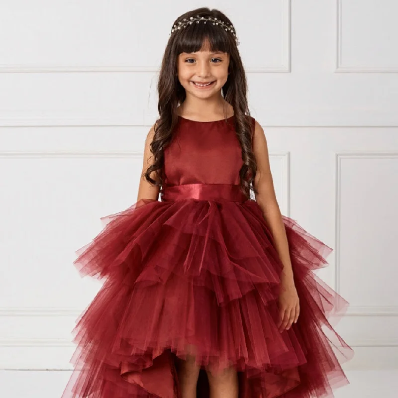 You'Ll Love Us Because Vibrant Prints Burgundy Satin Belted High Low Dress