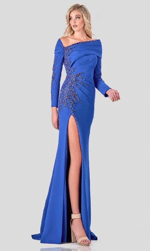 Trendy Street Style Everyday Glamour Terani Couture - 2111M5263 Beaded Long Sleeve Long Dress With Slit