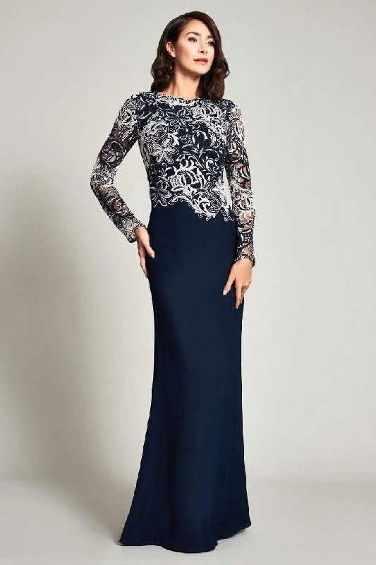 Imeless Style Modern Romance Tadashi Shoji - Long Sleeve Embroidered Sheath Dress BOQ16206LXY - 2 pcs Navy/White In Size 10 and 18 Available