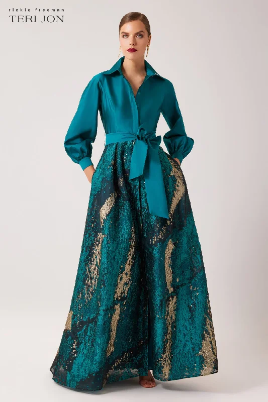 Premium Style Offers Luxe Layering Taffeta and Metallic Jacquard Shirt Waist Gown