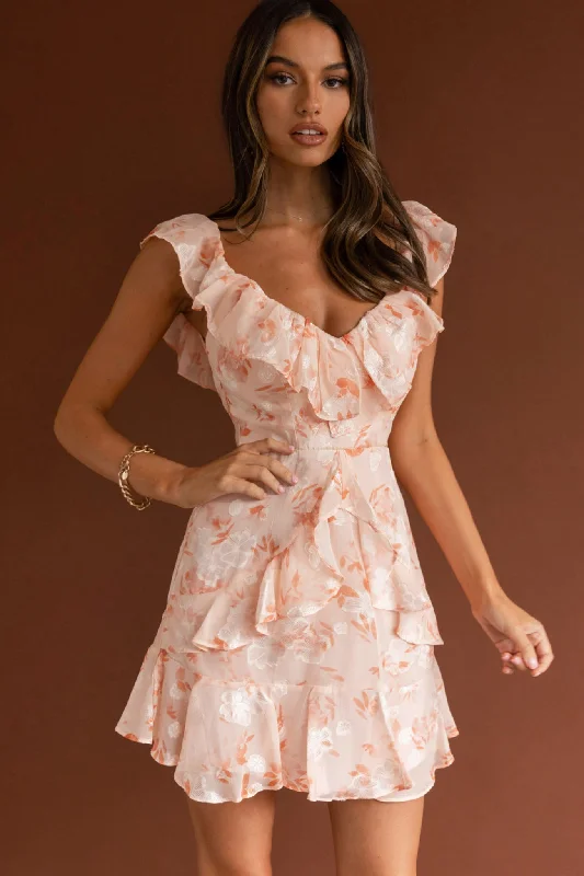 Insane Discount Onslaught Feminine Elegant Flower Child Frill V-Neckline Dress Floral Blush