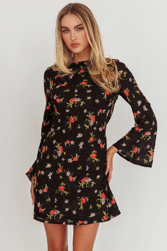 Timeless Elegance Sale Limited - Edition Drops Thriller Long Sleeve Backless Mini Dress Floral Black