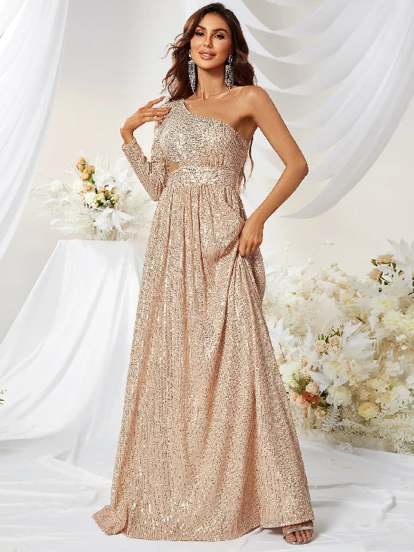 Sustainable Fashion Extravaganza Formal Outfit Andrea Sequined One Shoulder Gold High Slit Gown