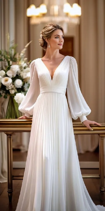 Discount Extravaganza Grab Romantic Date - Night Styles Now Simple Long Bishop Sleeve Pleated A Line V-neck Chiffon Wedding Dress with Train