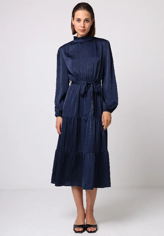 Hot Brand Discounts Soft Textures Satin Tiered Midi Dress with Tie Waist in Navy