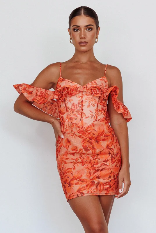 Limited Time Today Only Catania Off-Shoulder Ruffle Mini Dress Floral Orange