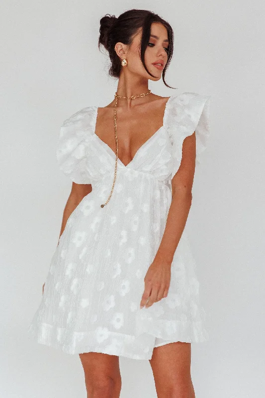 Affordable Luxury Fashion Polished Finish Melrose Place Floral Textured Frill Dress White