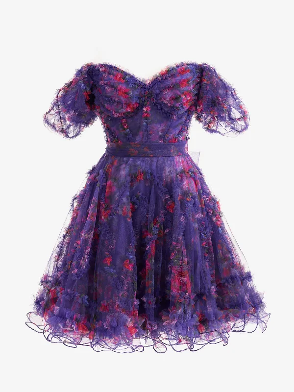 Exclusive Discount Feminine Flow Ivana | Purple A Line Off the Shoulder Floral Printed Homecoming Dress