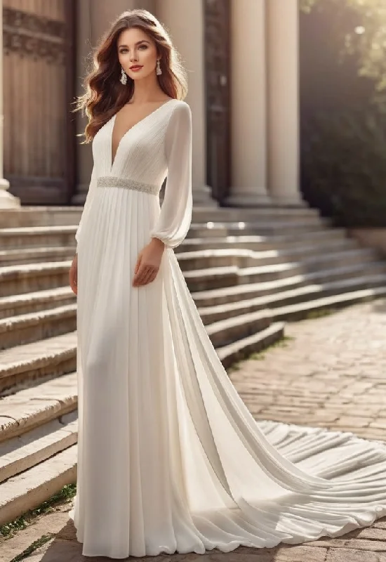 Inspired By You, Designed For You Flash Sale Plunging Neckline Long Sleeve Pleated A Line Chiffon Wedding Dress with Train and Belt