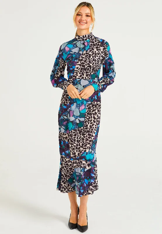 Additional Time-Limited Offers Flowy Fabric High Neck Long Tea Satin Dress in Multi Print