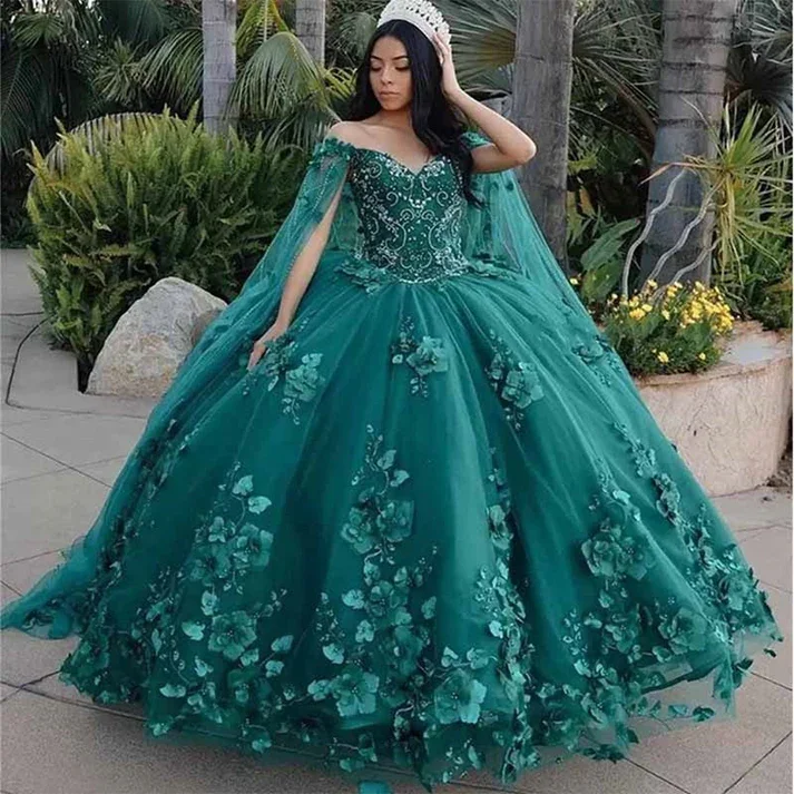 Modish Fashion Discounts Vintage Charm Princess Quinceanera Dress Off Shoulder Sweetheart Beading With 3D Flowers Ball Gown Cloak Tulle Robe De Soirée Y4334