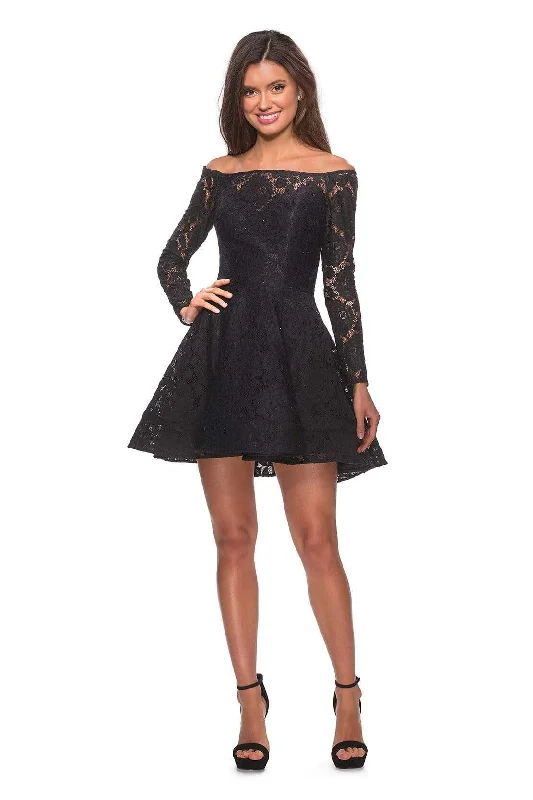 Hurry Before It'S Gone Elegant Details La Femme - Long Sleeve Off-Shoulder Lace Dress 28175SC - 1 pc Black In Size 00 Available