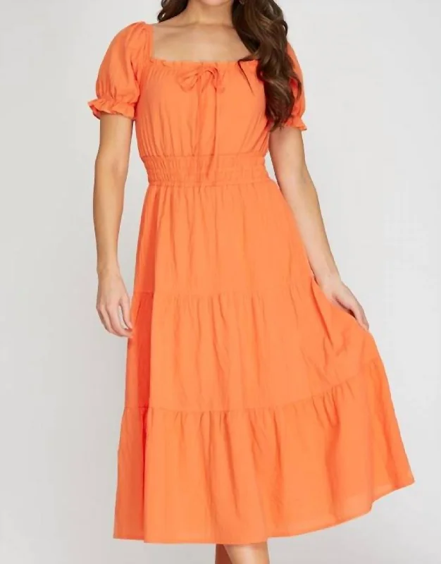 Style Without Limits Everyday Glamour Short Puff Sleeve Woven Print Midi Dress In Orange
