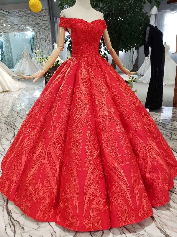 Huge Price Cut Chic Urban Fashion Look Red Ball Gown Off The Shoulder Appliques Beads Quinceanera Dress OP644