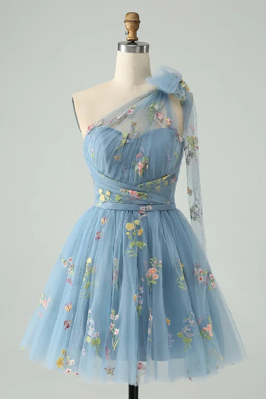 Chic Style, Always In Vogue Alluring Design A Line One Shoulder Grey Blue Tulle Homecoming Dress with Floral Embroidery