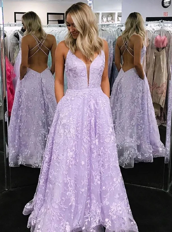 Shop The Hottest Deals Bold Patterns A-line Long Lilac Lace Prom Dresses Backless Formal Gown With Pockets PO336