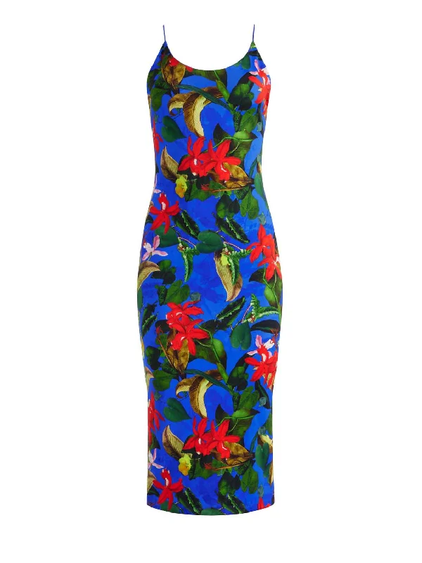 Fashion-Forward Seasonal Trend Delora Spaghetti Strap Fitted Midi Dress In Tropical Sunrise Sapphire