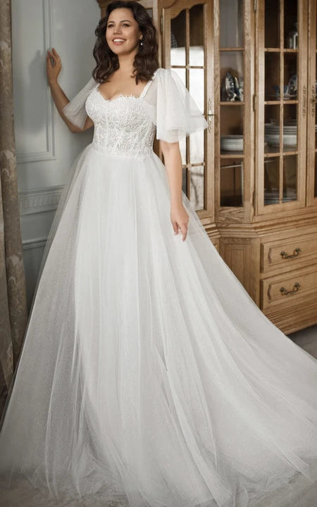 Budget Friendly Seasonal Trend Adorable Plus Size A-line Short Bell Sleeve Tulle Wedding Dress with Beadings