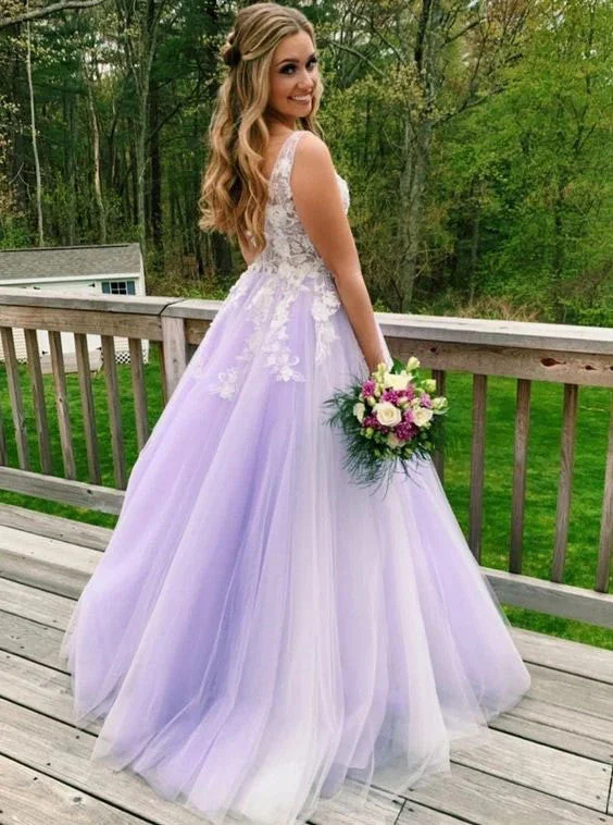 Daily Deals Elevated Style A Line V Neck Lilac Long Prom Dresses Formal Gowns With Appliques