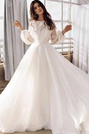 Hot Deals Feminine Allure Bohemian Bateau A Line Floor-length Sweep Train Long Sleeve Wedding Dress