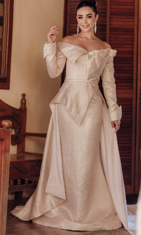 Season Sale Graceful Cut Terani Couture 232M1535 - Long Sleeve Off-Shoulder Evening Dress