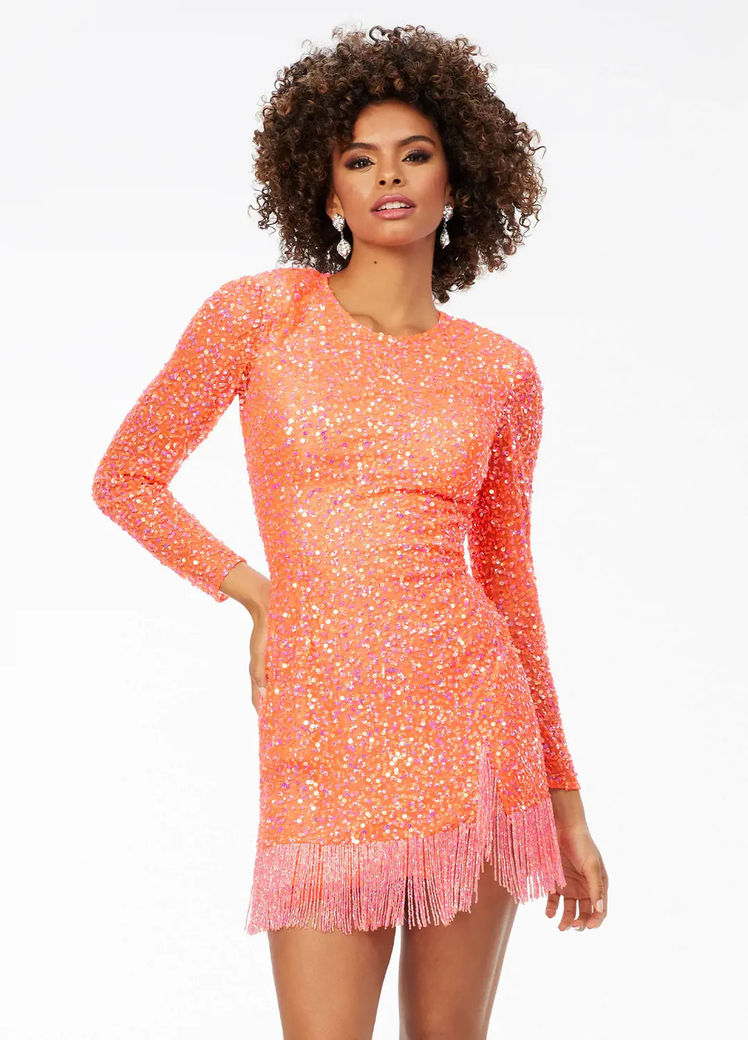 Premium Style Casual Weekend Relaxed Style Ashley Lauren 4438 size 14 Neon Orange Cocktail Dress Long Sleeves Fringe trim on hem and slit