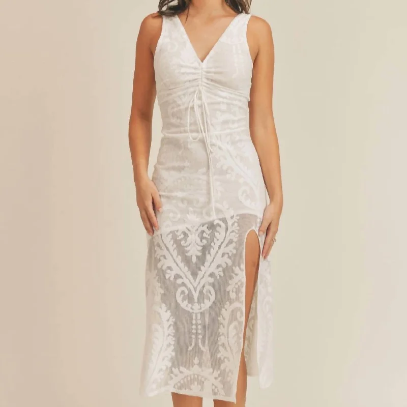 End Of Season Sale Refined Simplicity Pearly Paige Ruched Detail Lace Midi Dress In White