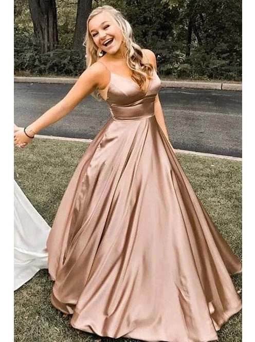 Limited Edition Playful Elegance Spaghetti Straps A-line Long Prom Dresses V-neck Simple Evening Gowns PO155