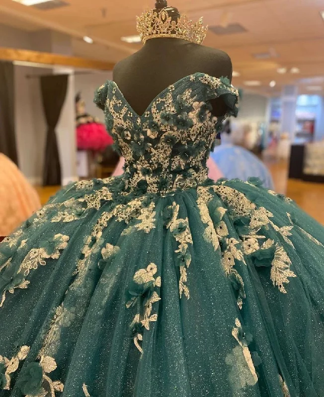 Must-Have Style Discounts Now On Sale For Chic Urban Styles Dark Green Quinceanera Dresses Off the Shoulder Princess Pageant Ball Gown Flowers Y4432