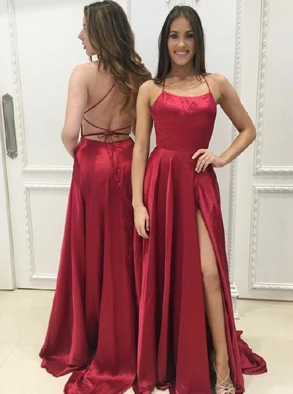 Unbeatable Deals Minimalist Office - Ready Style A-Line Halter Red Slit Prom Dress, Sexy Backless Evening Gown